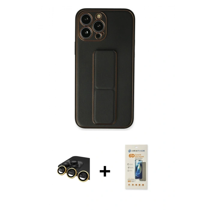 MARSİLYAN™- iPhone 13 Pro Max Kılıf Akış Doku - Siyah 6D Mat Seramik Hayalet Nano Ekran Koruyucu + Raze Metal Kamera Lens - GD