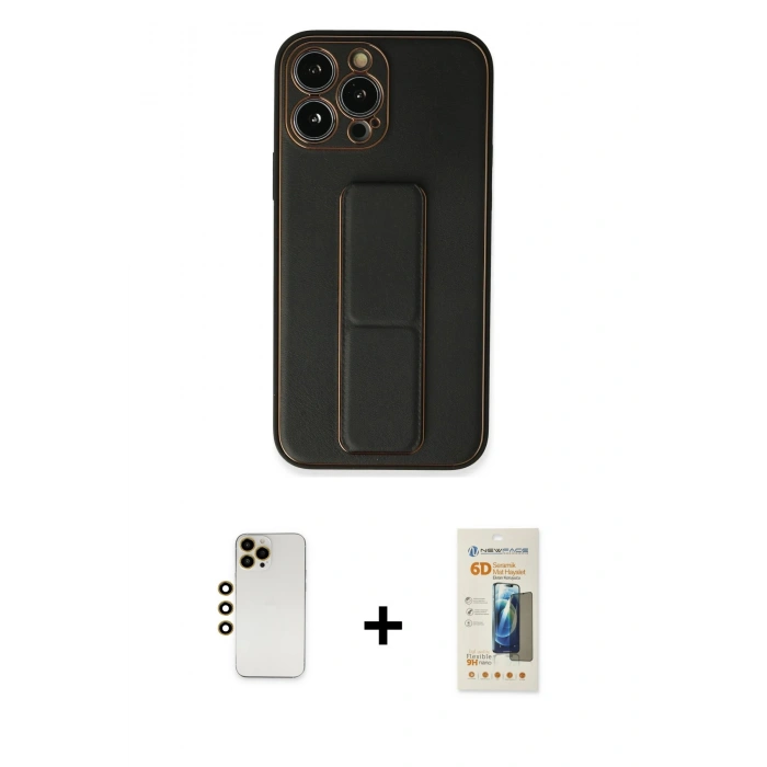 MARSİLYAN™- iPhone 13 Pro Max Kılıf Akış Doku - Siyah 6D Mat Seramik Hayalet Nano Ekran Koruyucu + Gold Shine Kamera Lens