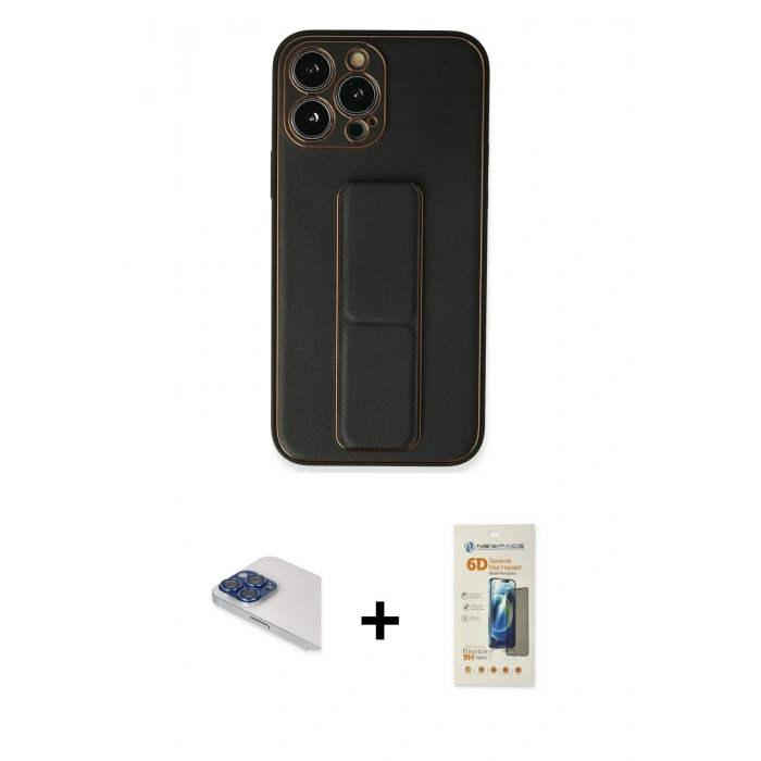 MARSİLYAN™- iPhone 13 Pro Max Kılıf Akış Doku - Siyah 6D Mat Seramik Hayalet Nano Ekran Koruyucu + Pers Alüminyum Kamera Lens - LT