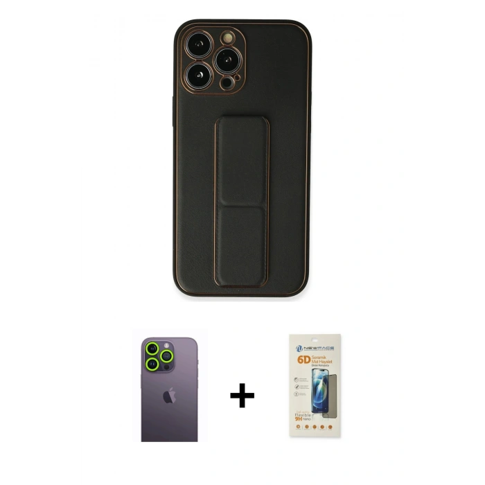 MARSİLYAN™- iPhone 13 Pro Max Kılıf Akış Doku - Siyah 6D Mat Seramik Hayalet Nano Ekran Koruyucu + Neon Fosforlu Kamera Lens - YL