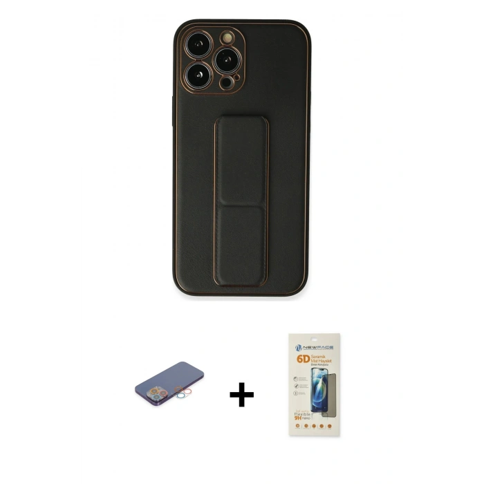 MARSİLYAN™- iPhone 13 Pro Max Kılıf Akış Doku - Siyah 6D Mat Seramik Hayalet Nano Ekran Koruyucu + Pembe Renkli Kamera Lens Koruma Cam