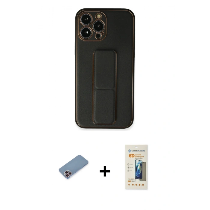 MARSİLYAN™- iPhone 13 Pro Max Kılıf Akış Doku - Siyah 6D Mat Seramik Hayalet Nano Ekran Koruyucu + Pembe Shine Kamera Lens Koruma Cam