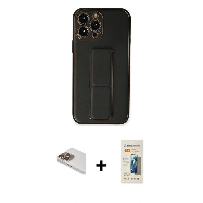 MARSİLYAN™- iPhone 13 Pro Max Kılıf Akış Doku - Siyah 6D Mat Seramik Hayalet Nano Ekran Koruyucu + Pers Alüminyum Kamera Lens - GD