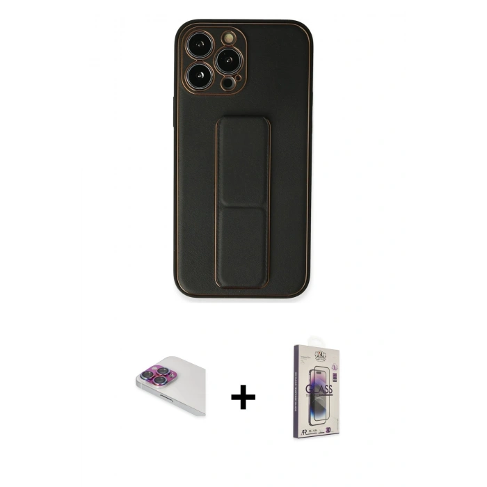 MARSİLYAN™- iPhone 13 Pro Max Kılıf Akış Doku - Siyah Bilvis 3D Cam Ekran Koruyucu + Pers Alüminyum Kamera Lens - GI