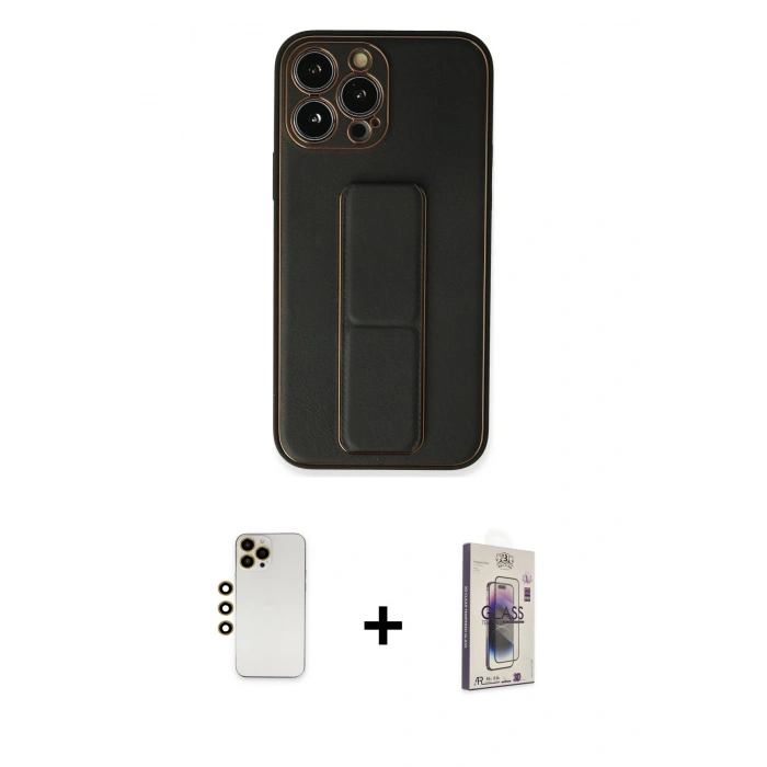 MARSİLYAN™- iPhone 13 Pro Max Kılıf Akış Doku - Siyah Bilvis 3D Cam Ekran Koruyucu + Shine Kamera Lens - GD