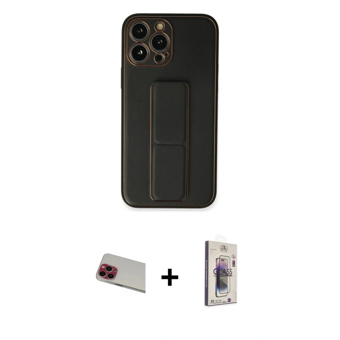 MARSİLYAN™- iPhone 13 Pro Max Kılıf Akış Doku - Siyah Bilvis 3D Cam Ekran Koruyucu + Kırmızı Rainbow Kamera Lens Koruma Cam