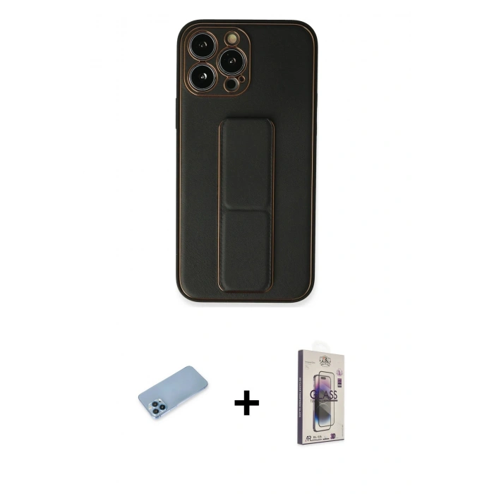 MARSİLYAN™- iPhone 13 Pro Max Kılıf Akış Doku - Siyah Bilvis 3D Cam Ekran Koruyucu + Mavi Shine Kamera Lens Koruma Cam