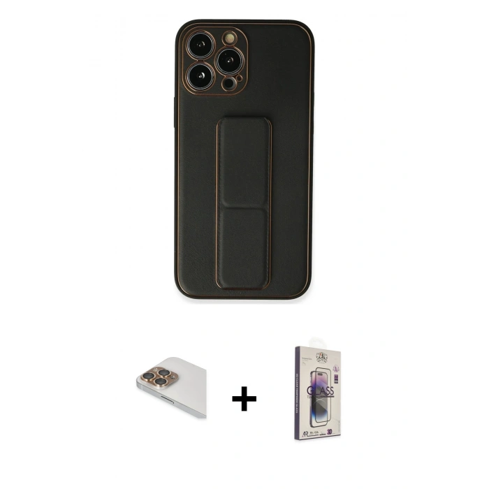 MARSİLYAN™- iPhone 13 Pro Max Kılıf Akış Doku - Siyah Bilvis 3D Cam Ekran Koruyucu + Pers Alüminyum Kamera Lens - GD