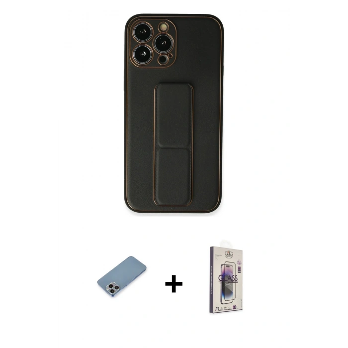 MARSİLYAN™- iPhone 13 Pro Max Kılıf Akış Doku - Siyah Bilvis 3D Cam Ekran Koruyucu + Shine Kamera Lens Koruma Cam - GI