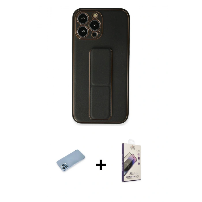 MARSİLYAN™- iPhone 13 Pro Max Kılıf Akış Doku - Siyah Bilvis 3D Mat Cam Ekran Koruyucu + Shine Kamera Lens Koruma Cam - MI