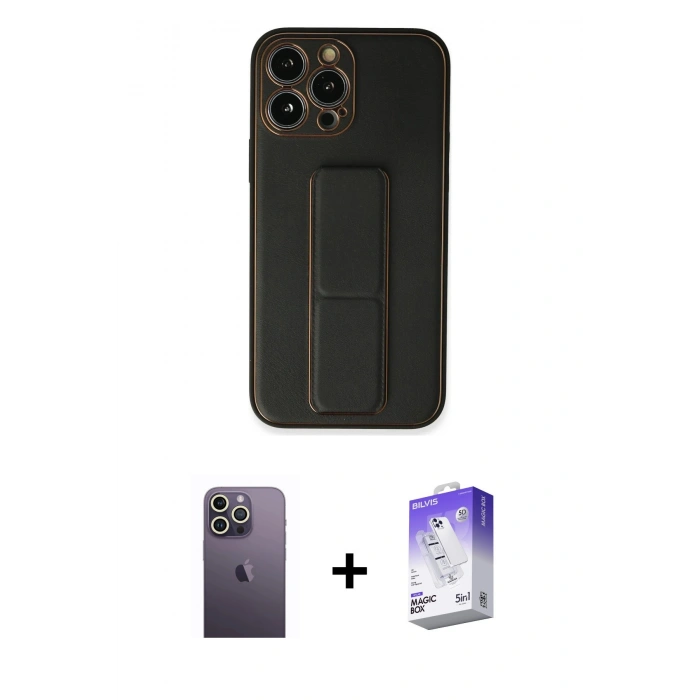MARSİLYAN™- iPhone 13 Pro Max Kılıf Akış Doku - Siyah Bilvis 5in1 3D Magic Cam Ekran Koruyucu + Neon Fosforlu Kamera Lens - BZ