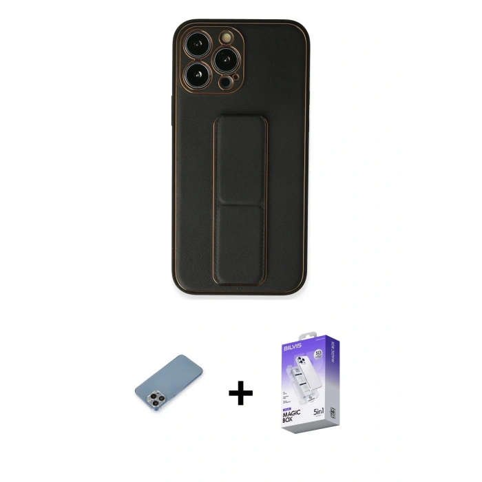 MARSİLYAN™- iPhone 13 Pro Max Kılıf Akış Doku - Siyah Bilvis 5in1 3D Magic Cam Ekran Koruyucu + Gökkuşağı Shine Kamera Lens Koruma Cam
