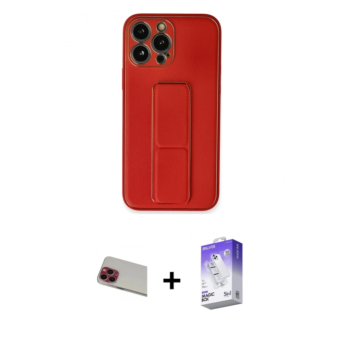 MARSİLYAN™- iPhone 13 Pro Max Kılıf Akış Doku - Siyah Bilvis 5in1 3D Magic Cam Ekran Koruyucu + Kırmızı Rainbow Kamera Lens Koruma Cam