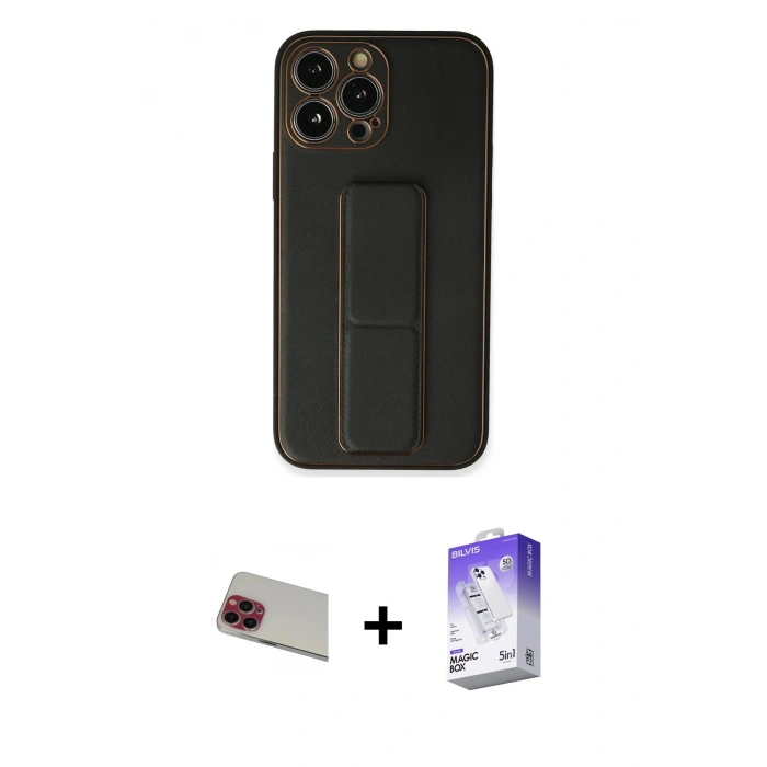 MARSİLYAN™- iPhone 13 Pro Max Kılıf Akış Doku - Siyah Bilvis 5in1 3D Magic Cam Ekran Koruyucu + Kırmızı Rainbow Kamera Lens Koruma Cam