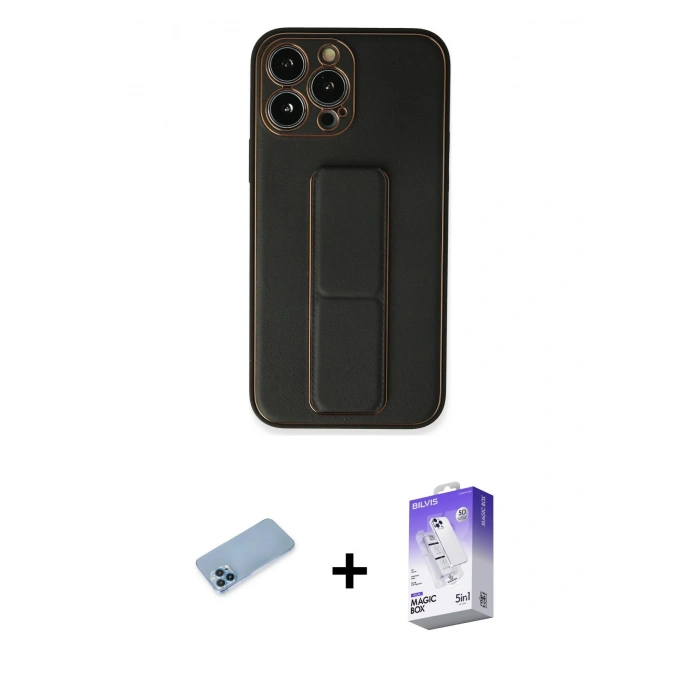 MARSİLYAN™- iPhone 13 Pro Max Kılıf Akış Doku - Siyah Bilvis 5in1 3D Magic Cam Ekran Koruyucu + Shine Kamera Lens Koruma Cam - MI