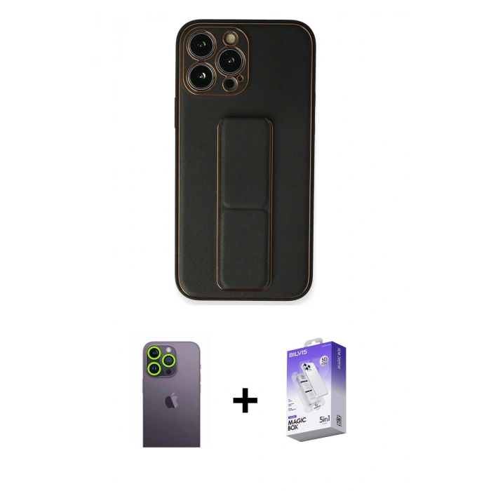 MARSİLYAN™- iPhone 13 Pro Max Kılıf Akış Doku - Siyah Bilvis 5in1 3D Magic Cam Ekran Koruyucu + Neon Fosforlu Kamera Lens - YL