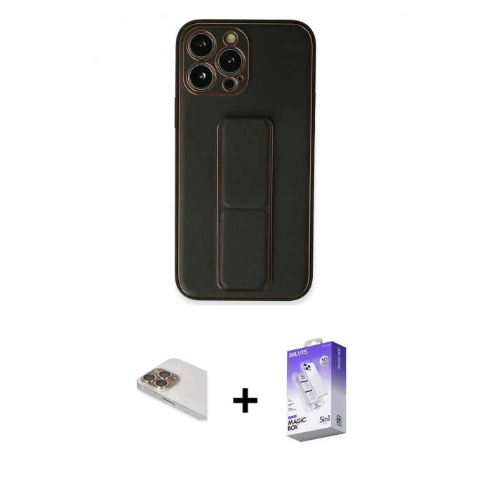 MARSİLYAN™- iPhone 13 Pro Max Kılıf Akış Doku - Siyah Bilvis 5in1 3D Magic Cam Ekran Koruyucu + Pers Alüminyum Kamera Lens - GD