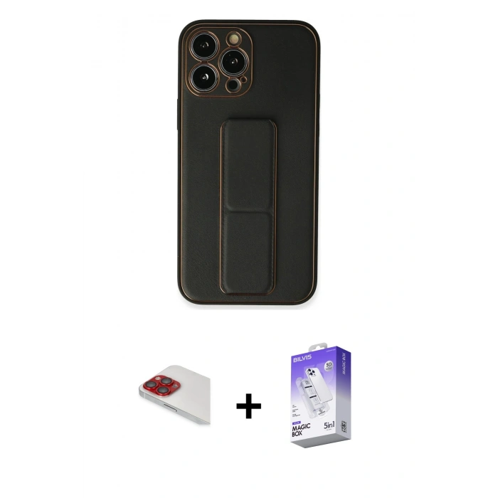MARSİLYAN™- iPhone 13 Pro Max Kılıf Akış Doku - Siyah Bilvis 5in1 3D Magic Cam Ekran Koruyucu + Pers Alüminyum Kamera Lens - KI