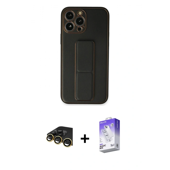 MARSİLYAN™- iPhone 13 Pro Max Kılıf Akış Doku - Siyah Bilvis 5in1 3D Magic Cam Ekran Koruyucu + Raze Metal Kamera Lens - GD