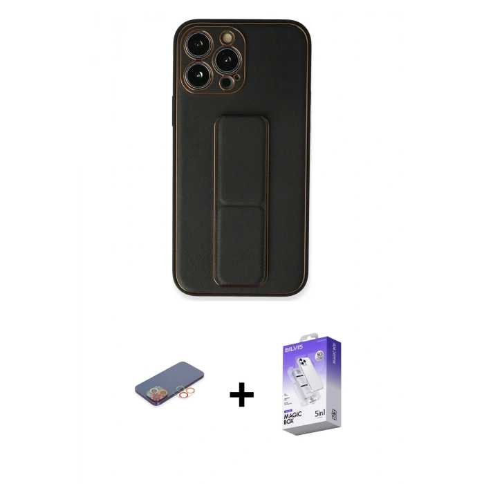 MARSİLYAN™- iPhone 13 Pro Max Kılıf Akış Doku - Siyah Bilvis 5in1 3D Magic Cam Ekran Koruyucu + Renkli Kamera Lens Koruma Cam - TU