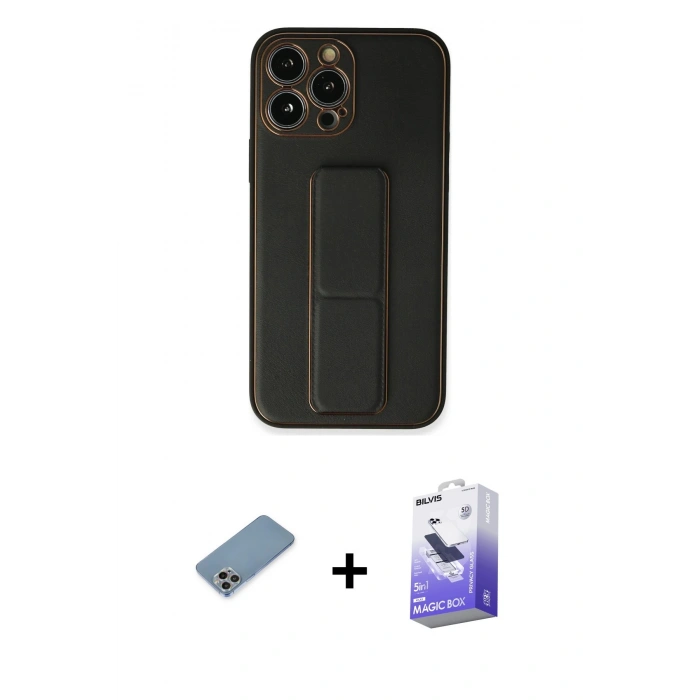 MARSİLYAN™- iPhone 13 Pro Max Kılıf Akış Doku - Siyah Bilvis 5in1 5D Magic Hayalet Cam Ekran Koruyucu + Shine Kamera Lens Koruma Cam - GI