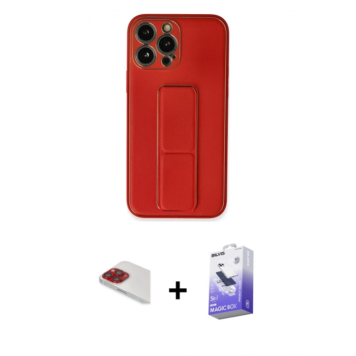 MARSİLYAN™- iPhone 13 Pro Max Kılıf Akış Doku - Siyah Bilvis 5in1 5D Magic Hayalet Cam Ekran Koruyucu + Kırmızı Pers Alüminyum Kamera Lens