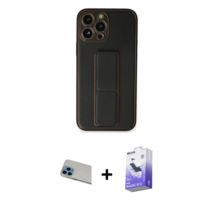 MARSİLYAN™- iPhone 13 Pro Max Kılıf Akış Doku - Siyah Bilvis 5in1 5D Magic Hayalet Cam Ekran Koruyucu + Mavi Rainbow Kamera Lens Koruma Cam
