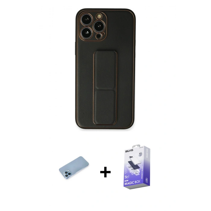 MARSİLYAN™- iPhone 13 Pro Max Kılıf Akış Doku - Siyah Bilvis 5in1 5D Magic Hayalet Cam Ekran Koruyucu + Mavi Shine Kamera Lens Koruma Cam
