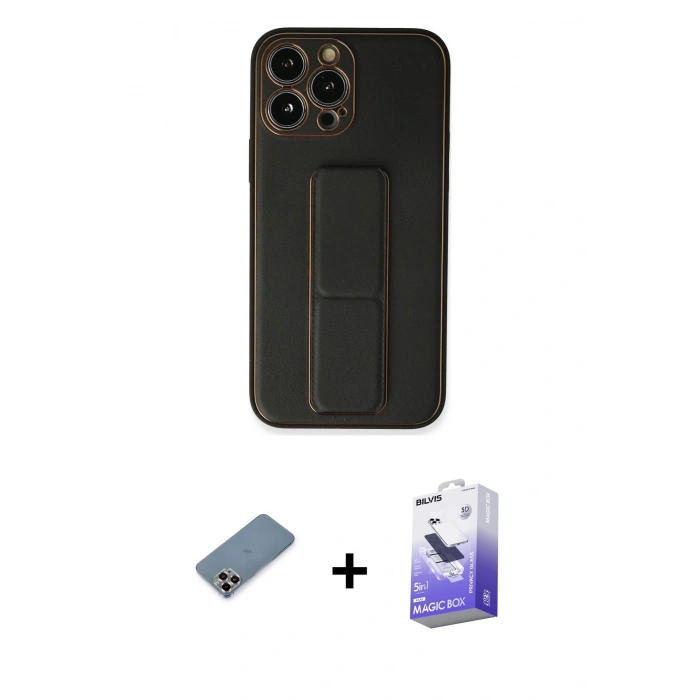 MARSİLYAN™- iPhone 13 Pro Max Kılıf Akış Doku - Siyah Bilvis 5in1 5D Magic Hayalet Cam Ekran Koruyucu + Mor Metal Kamera Lens Koruma Cam