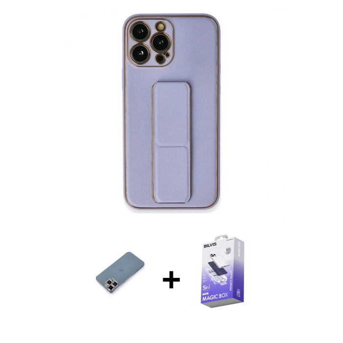 MARSİLYAN™- iPhone 13 Pro Max Kılıf Akış Doku - Siyah Bilvis 5in1 5D Magic Hayalet Cam Ekran Koruyucu + Mor Metal Kamera Lens Koruma Cam
