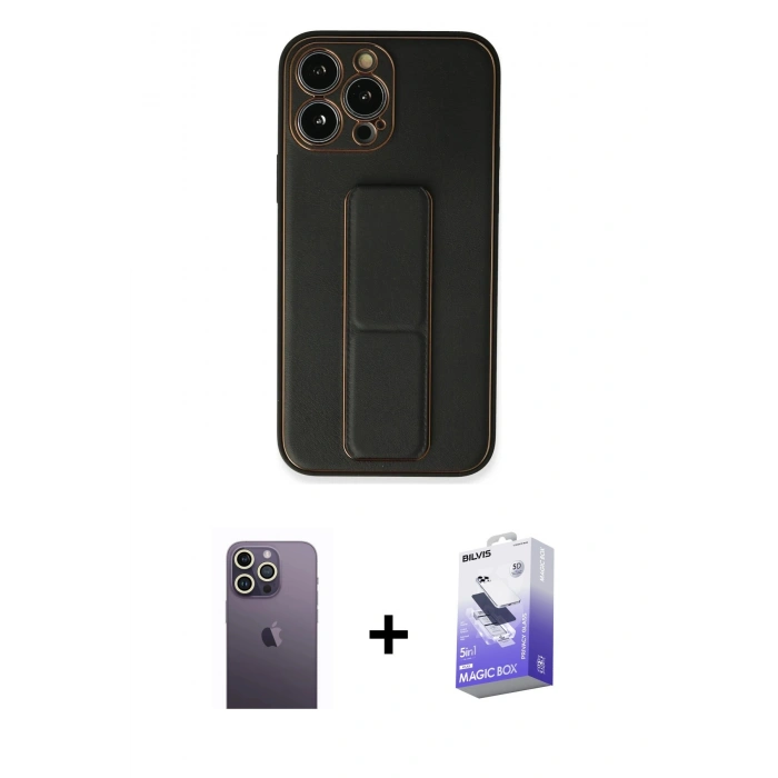 MARSİLYAN™- iPhone 13 Pro Max Kılıf Akış Doku - Siyah Bilvis 5in1 5D Magic Hayalet Cam Ekran Koruyucu + Neon Fosforlu Kamera Lens - BZ