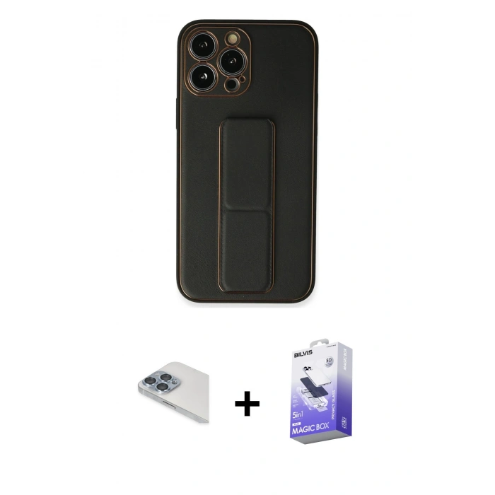MARSİLYAN™- iPhone 13 Pro Max Kılıf Akış Doku - Siyah Bilvis 5in1 5D Magic Hayalet Cam Ekran Koruyucu + Pers Alüminyum Kamera Lens - SABE