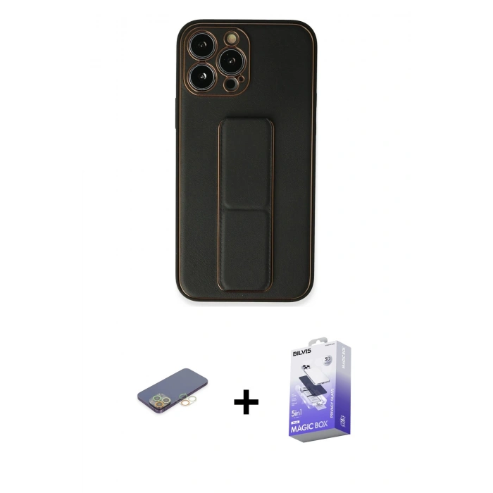 MARSİLYAN™- iPhone 13 Pro Max Kılıf Akış Doku - Siyah Bilvis 5in1 5D Magic Hayalet Cam Ekran Koruyucu + Renkli Kamera Lens Koruma Cam - SI