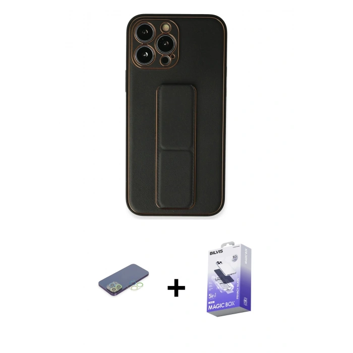 MARSİLYAN™- iPhone 13 Pro Max Kılıf Akış Doku - Siyah Bilvis 5in1 5D Magic Hayalet Cam Ekran Koruyucu + Renkli Kamera Lens Koruma Cam - YL