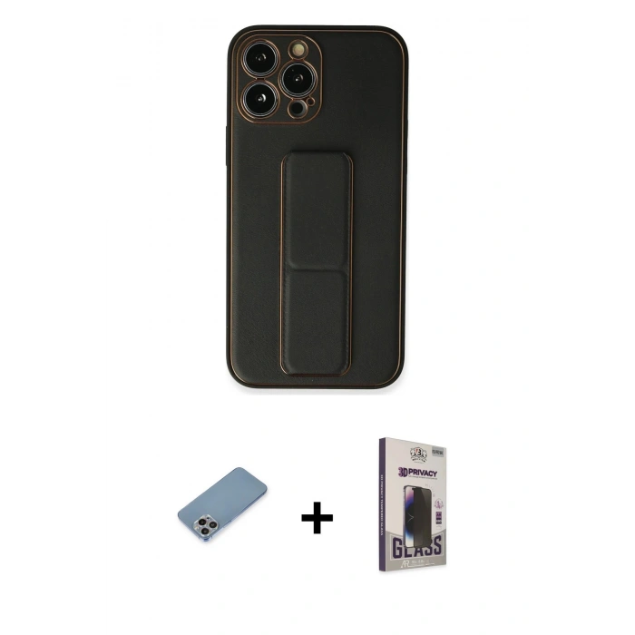 MARSİLYAN™- iPhone 13 Pro Max Kılıf Akış Doku - Siyah Bilvis Hayalet Cam Ekran Koruyucu + Shine Kamera Lens Koruma Cam - GI