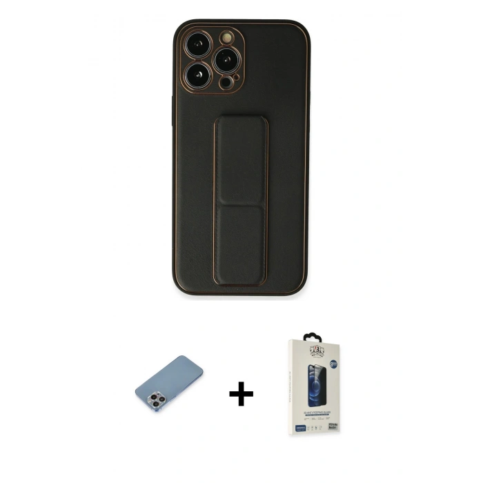 MARSİLYAN™- iPhone 13 Pro Max Kılıf Akış Doku - Siyah Bilvis Hayalet Cam Ekran Koruyucu + Shine Kamera Lens Koruma Cam - GI