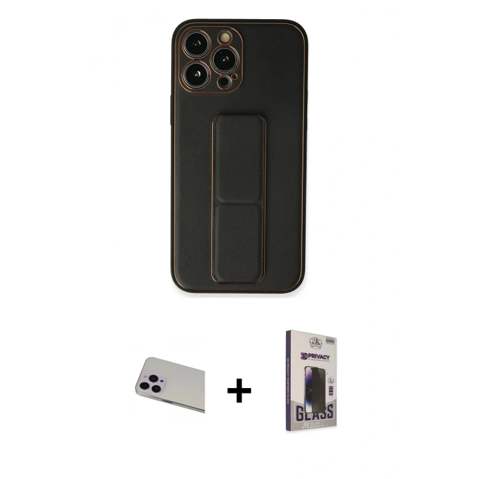 MARSİLYAN™- iPhone 13 Pro Max Kılıf Akış Doku - Siyah Bilvis Hayalet Cam Ekran Koruyucu + Rainbow Kamera Lens Koruma Cam - MR