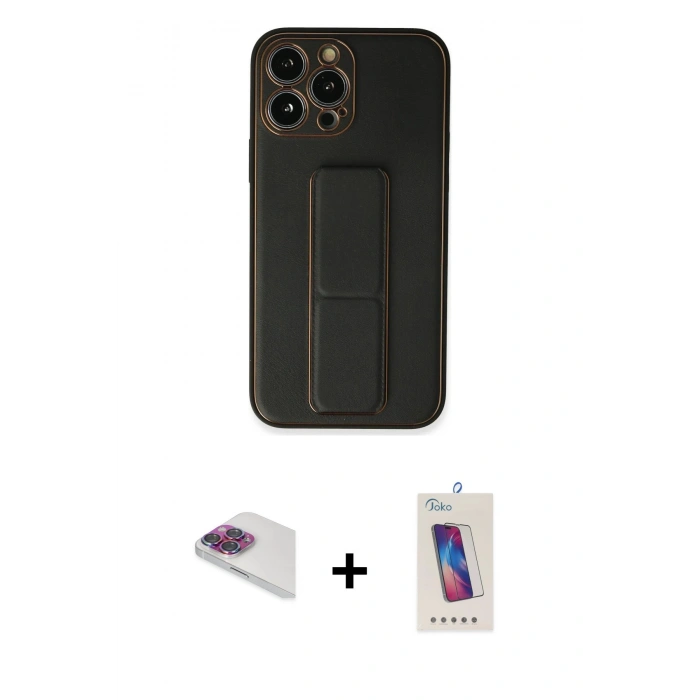MARSİLYAN™- iPhone 13 Pro Max Kılıf Akış Doku - Siyah Joko 5D Cam + Gökkuşağı Pers Alüminyum Kamera Lens