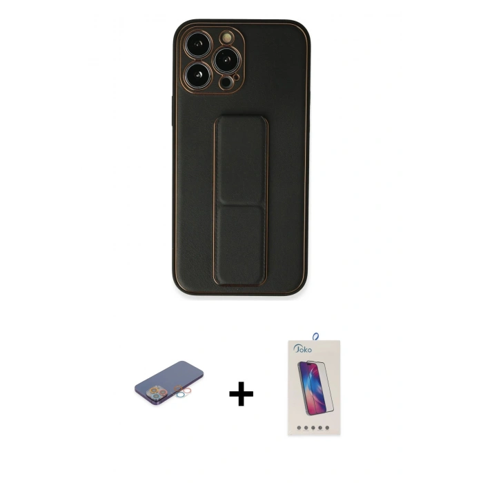 MARSİLYAN™- iPhone 13 Pro Max Kılıf Akış Doku - Siyah Joko 5D Cam + Pembe Renkli Kamera Lens Koruma Cam