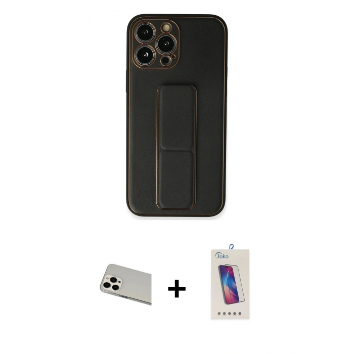 MARSİLYAN™- iPhone 13 Pro Max Kılıf Akış Doku - Siyah Joko 5D Cam + Rainbow Kamera Lens Koruma Cam - BZ