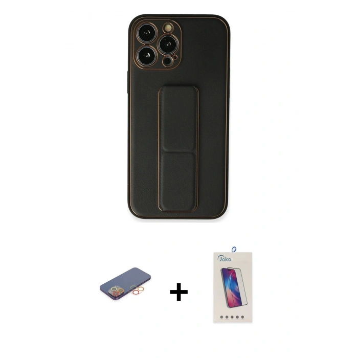 MARSİLYAN™- iPhone 13 Pro Max Kılıf Akış Doku - Siyah Joko 5D Cam + Turuncu Renkli Kamera Lens Koruma Cam