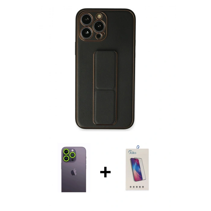 MARSİLYAN™- iPhone 13 Pro Max Kılıf Akış Doku - Siyah Joko 5D Cam + Yeşil Neon Fosforlu Kamera Lens
