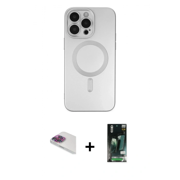 MARSİLYAN™- iPhone 13 Pro Max Kılıf Akış Minimal Özel Seri - Şeffaf 360 Full Body Arka Koruyucu + Gökkuşağı Pers Alüminyum Kamera Lens