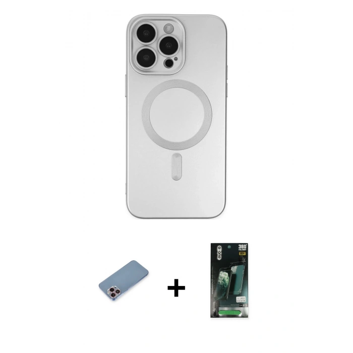 MARSİLYAN™- iPhone 13 Pro Max Kılıf Akış Minimal Özel Seri - Şeffaf 360 Full Body Arka Koruyucu + Shine Kamera Lens Koruma Cam - PE