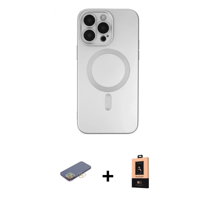 MARSİLYAN™- iPhone 13 Pro Max Kılıf Akış Minimal Özel Seri - Şeffaf Maxco Cam Ekran Koruyucu + Sarı Renkli Kamera Lens Koruma Cam