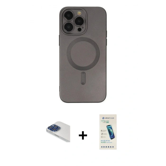 MARSİLYAN™- iPhone 13 Pro Max Kılıf Akış Minimal Özel Seri - Şeffaf Pasifik Cam Ekran Koruyucu + Lacivert Pers Alüminyum Kamera Lens