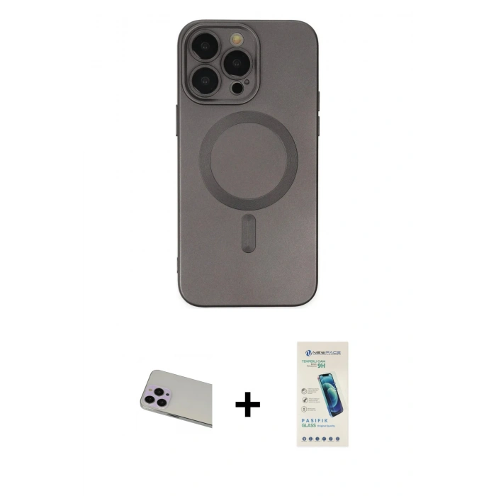 MARSİLYAN™- iPhone 13 Pro Max Kılıf Akış Minimal Özel Seri - Şeffaf Pasifik Cam Ekran Koruyucu + Mor Rainbow Kamera Lens Koruma Cam