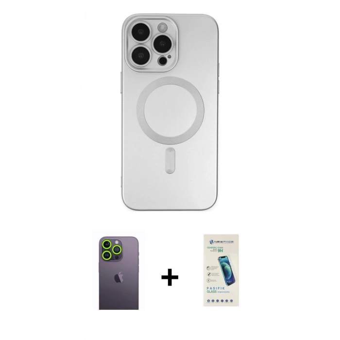 MARSİLYAN™- iPhone 13 Pro Max Kılıf Akış Minimal Özel Seri - Şeffaf Pasifik Cam Ekran Koruyucu + Neon Fosforlu Kamera Lens - YL