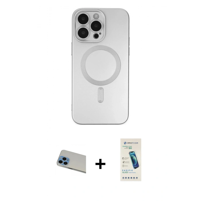 MARSİLYAN™- iPhone 13 Pro Max Kılıf Akış Minimal Özel Seri - Şeffaf Pasifik Cam Ekran Koruyucu + Rainbow Kamera Lens Koruma Cam - MI