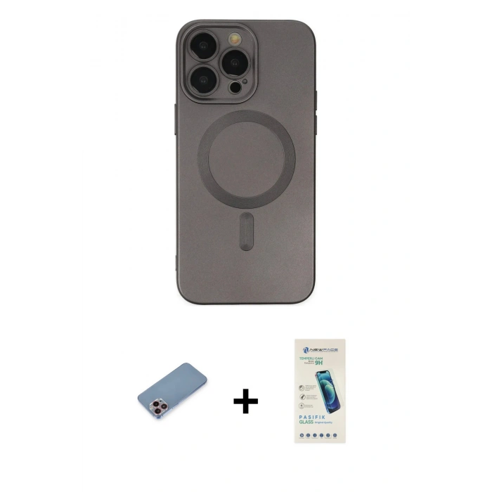 MARSİLYAN™- iPhone 13 Pro Max Kılıf Akış Minimal Özel Seri - Şeffaf Pasifik Cam Ekran Koruyucu + Shine Kamera Lens Koruma Cam - PE